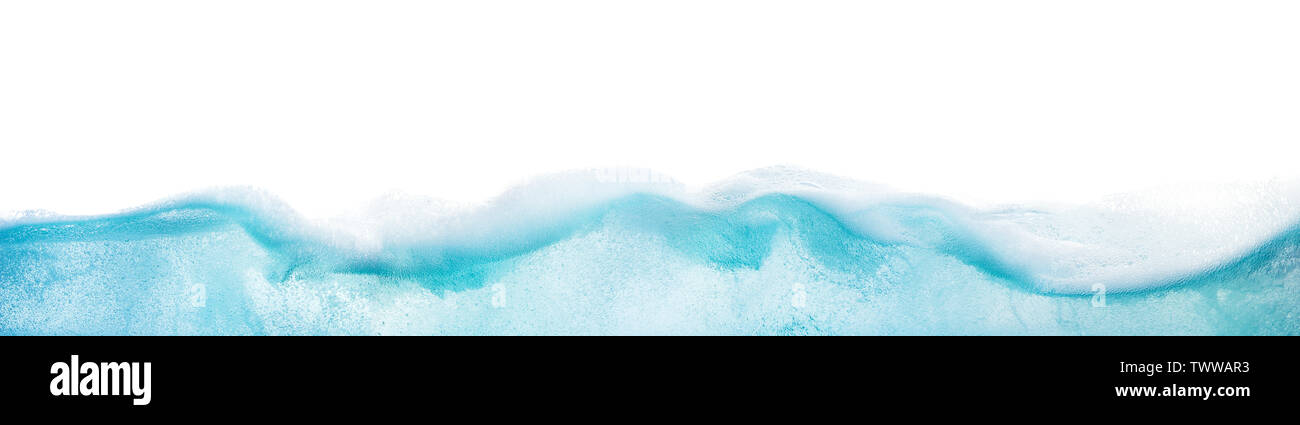 Wide web banner design of abstract blue water surface splitted by waterline to underwater and sky parts isolated on white background with foam on surf Stock Photo