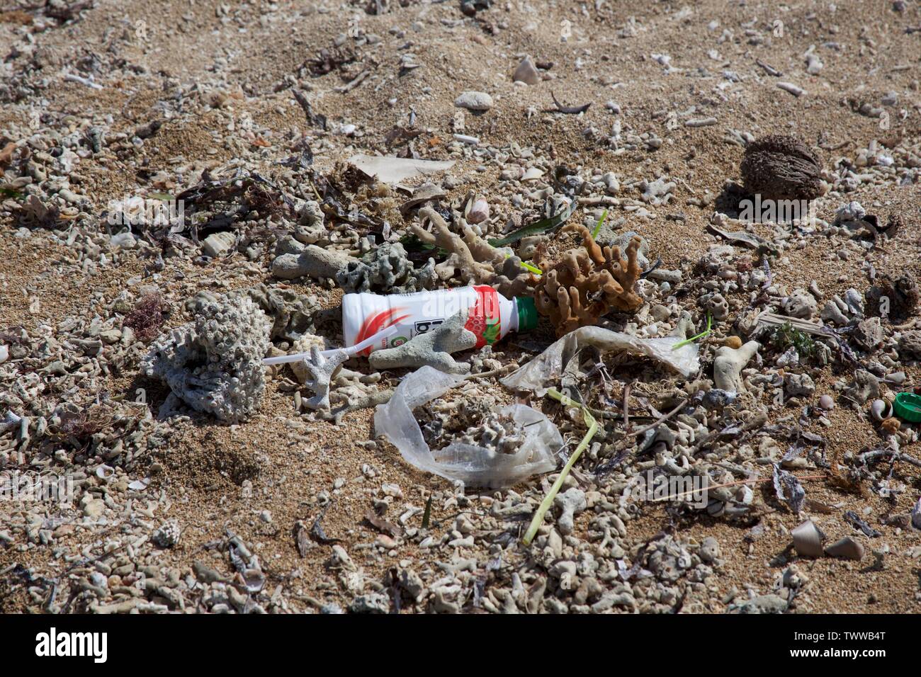 plastic waste washed up on the beach Stock Photo - Alamy