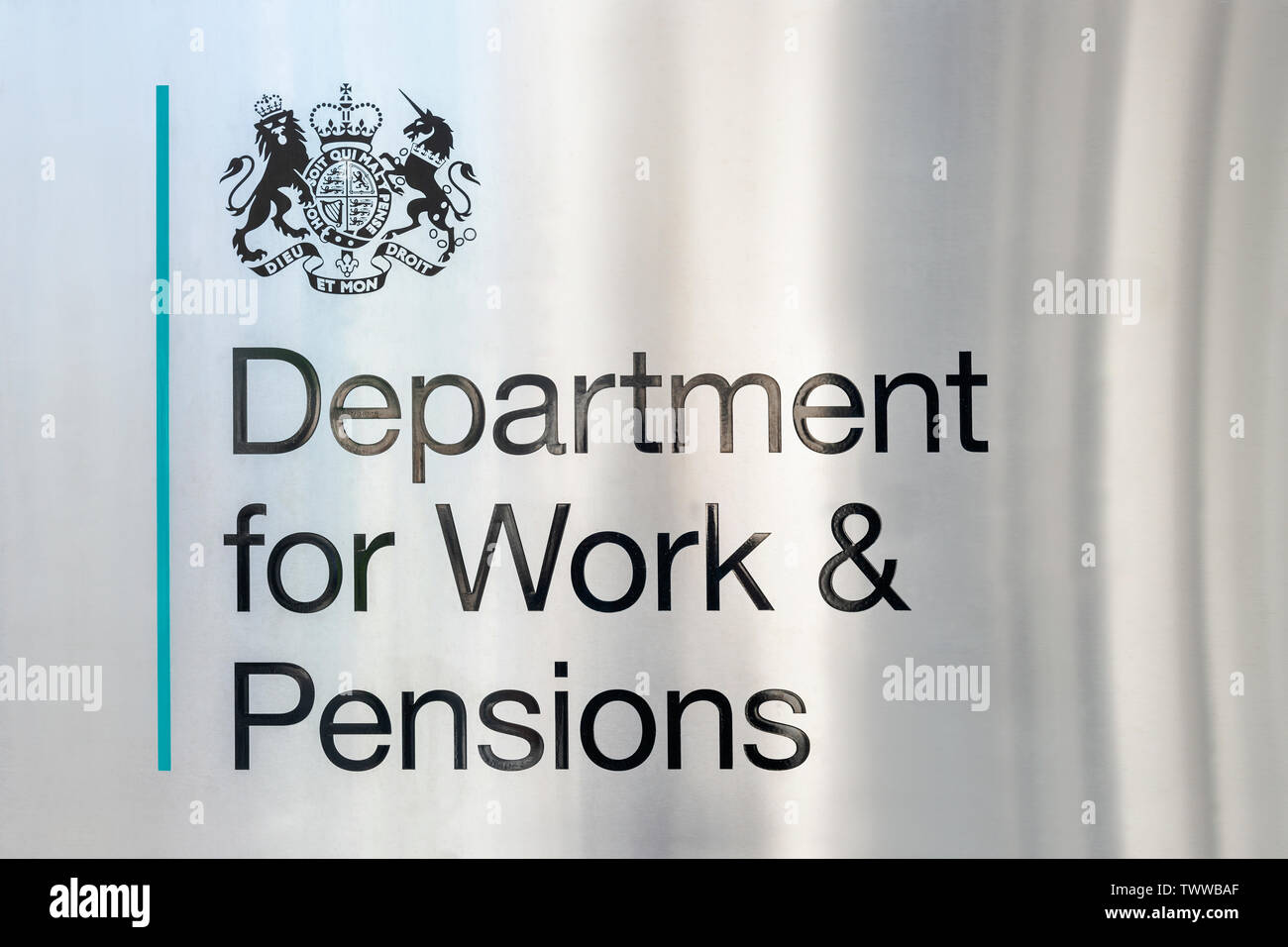 Signage for the Department for Work and Pensions building located in London, UK. Stock Photo