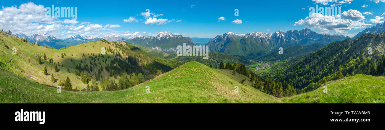 Panoramic view from a grassy ridge of a tree covered valley sloping all the way to the Belluno Alps. Summer hiking in green vegetation on the slopes. Stock Photo