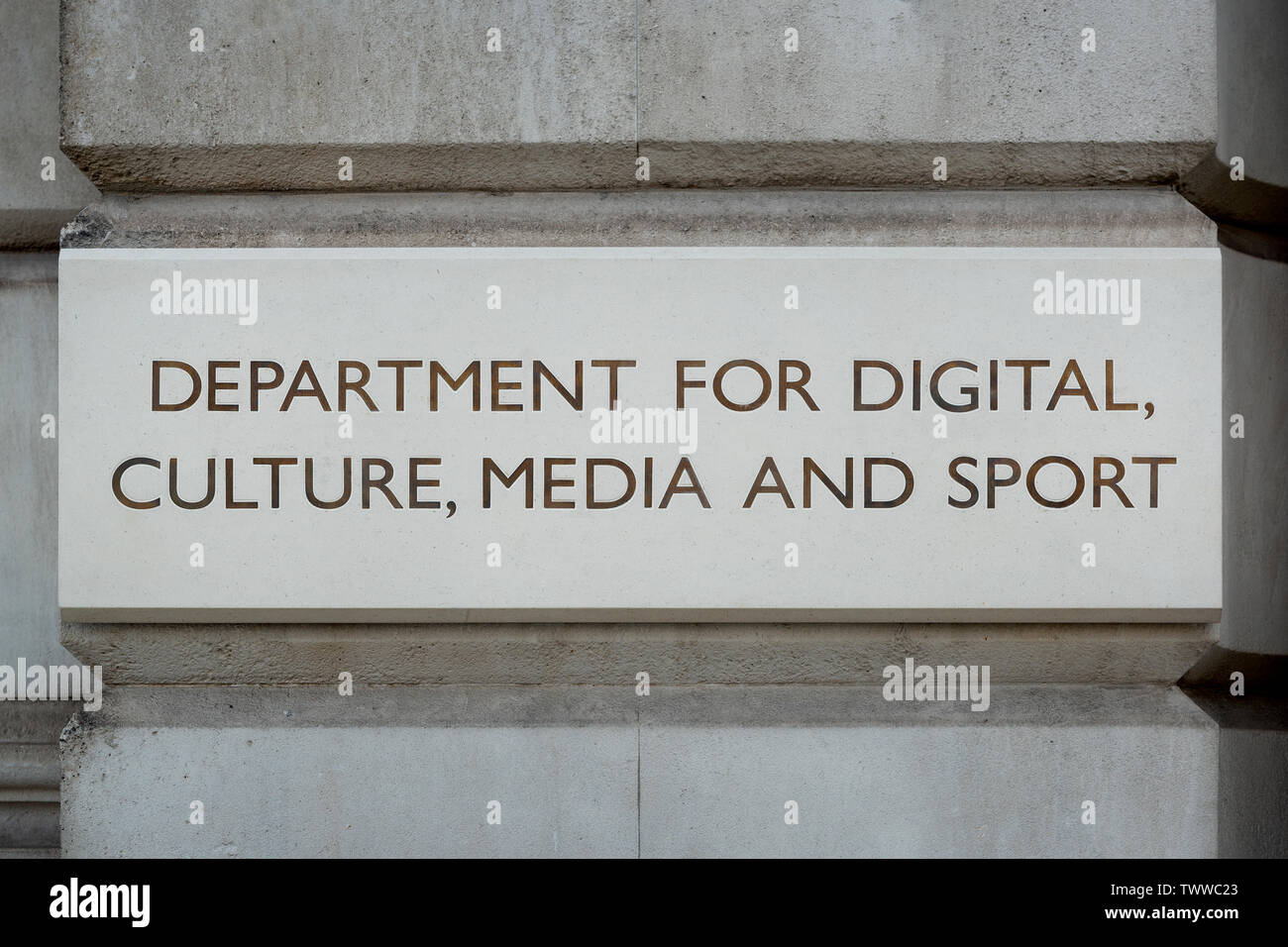 Signage for the Department for Digital Culture Media and Sport building located on Parliament Street in London, UK. Stock Photo