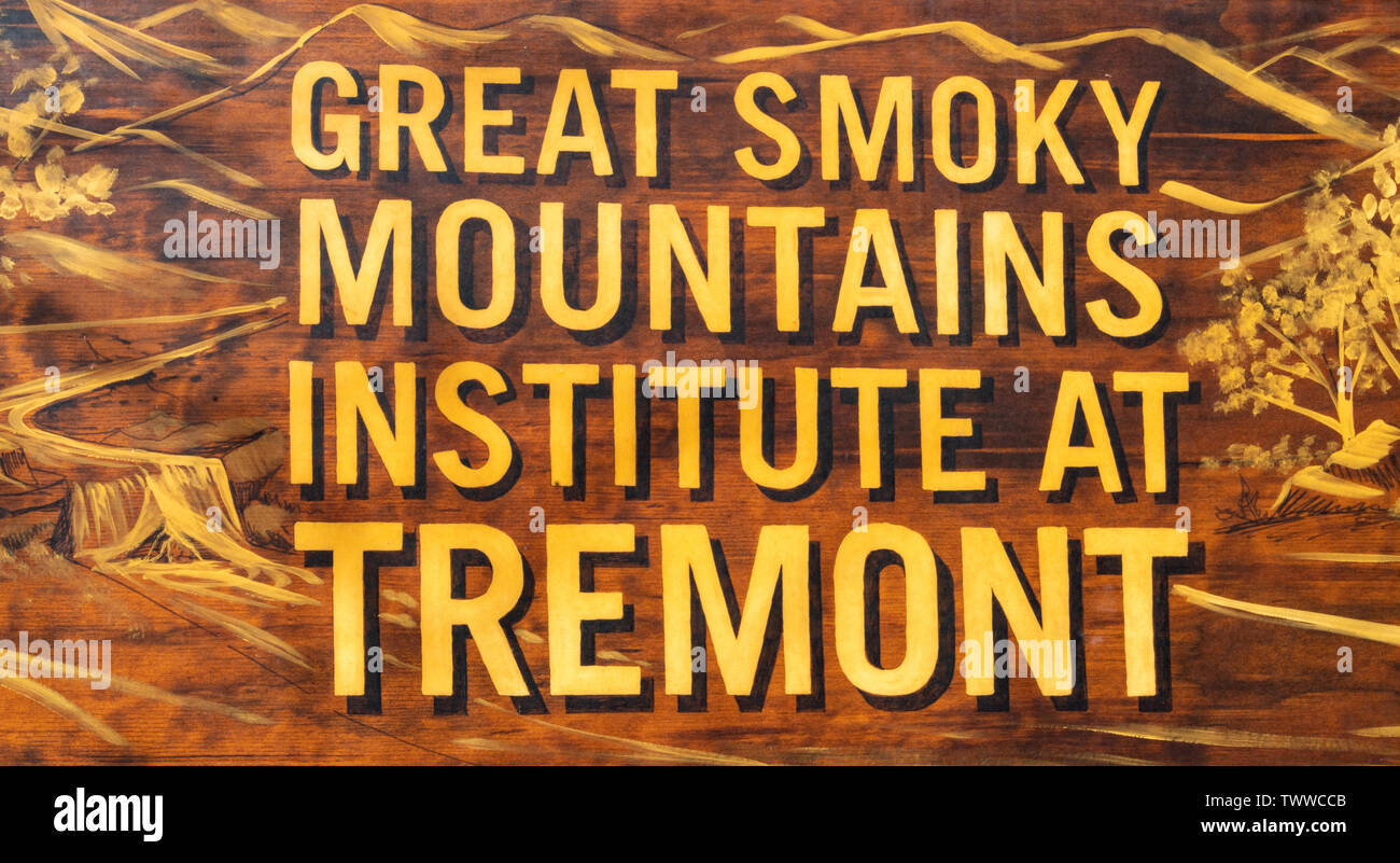 A sign at the entrance of the Tremont Institute in the Great Smoky Mountains National Park during the fall season. Stock Photo