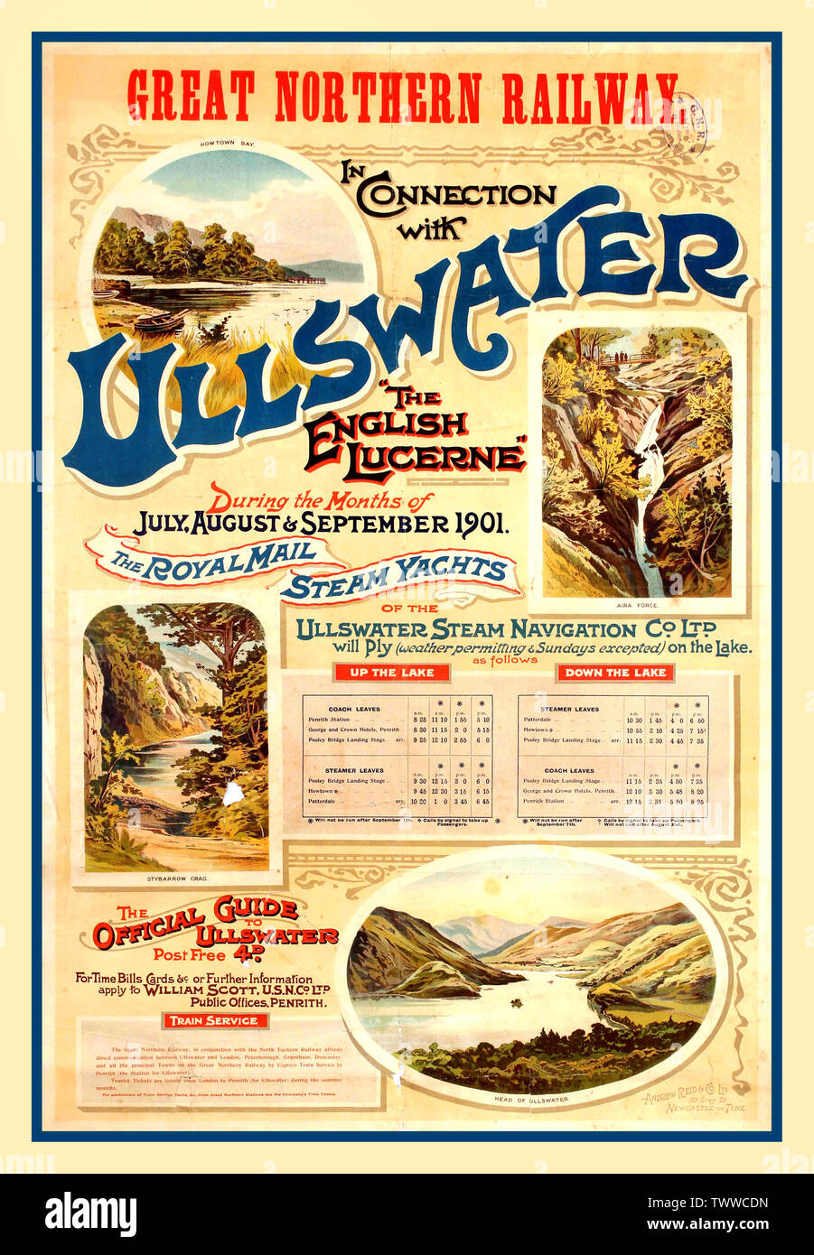 Original 1900’s vintage English British travel poster promoting holidays in Ullswater. Great Northern Railway . “Ullswater The English Lucerne” How Town Bay.. Aira Force and Stybarrow Crag Illustrated. Stock Photo