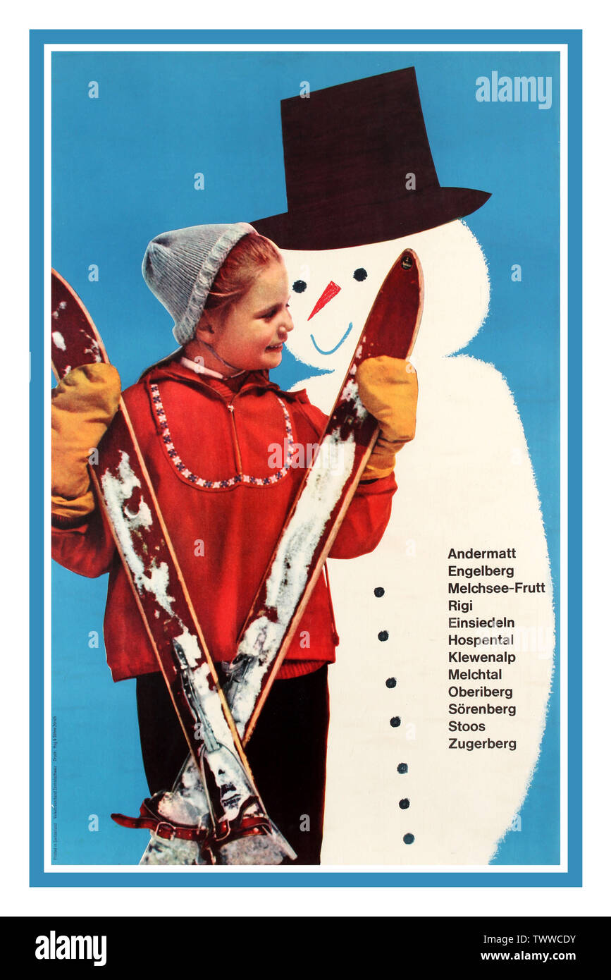 Vintage 1950’s winter travel advertising poster promoting the Swiss mountain resorts and skiing villages of Andermatt Engelberg Melchsee-Frutt Rigi Einsiedeln Hospental Klewenalp Melchtal Oberiberg Sorenberg Stoos Zugerberg listed in front of a smiling snowman wearing a hat next to a young girl wearing a red top and holding her skis in front of her, set on a clear blue background. Printed in Switzerland by Hug & Sohne, Zurich. Switzerland. 1958 Stock Photo