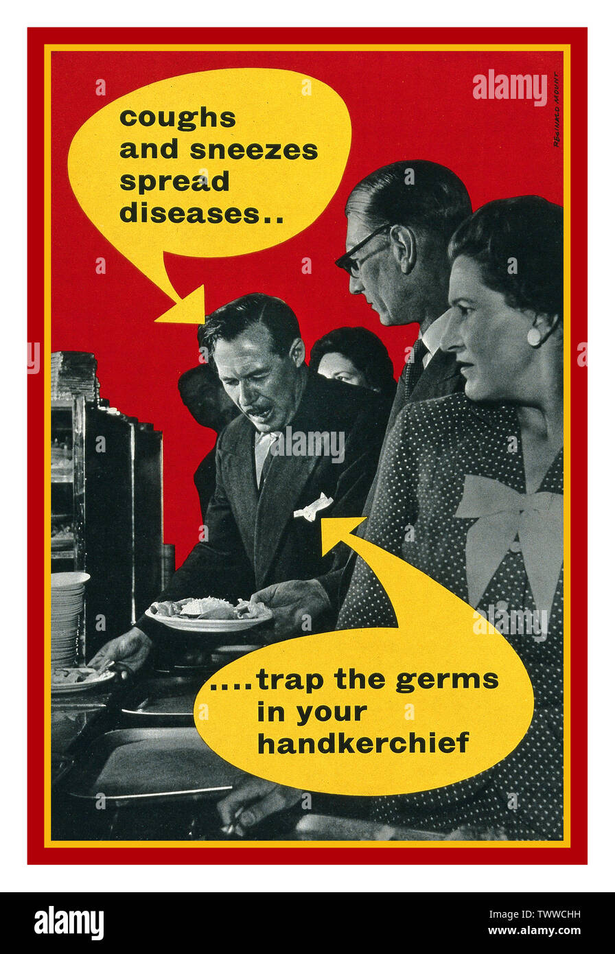 1940’s Vintage British UK Propaganda health poster.  The Ministry of Health says: 'Coughs and sneezes spread diseases'. 'Trap the germs in your handkerchief'. A man about to cough or sneeze not using a hankerchief Colour lithograph Stock Photo