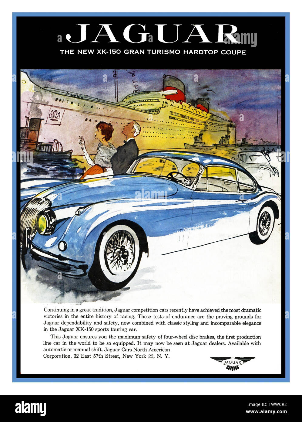 Vintage 1958 Jaguar XK-150 Gran Turismo coupe blue hardtop car 'Rene Bouche' art vintage advertisement New York USA Stock Photo