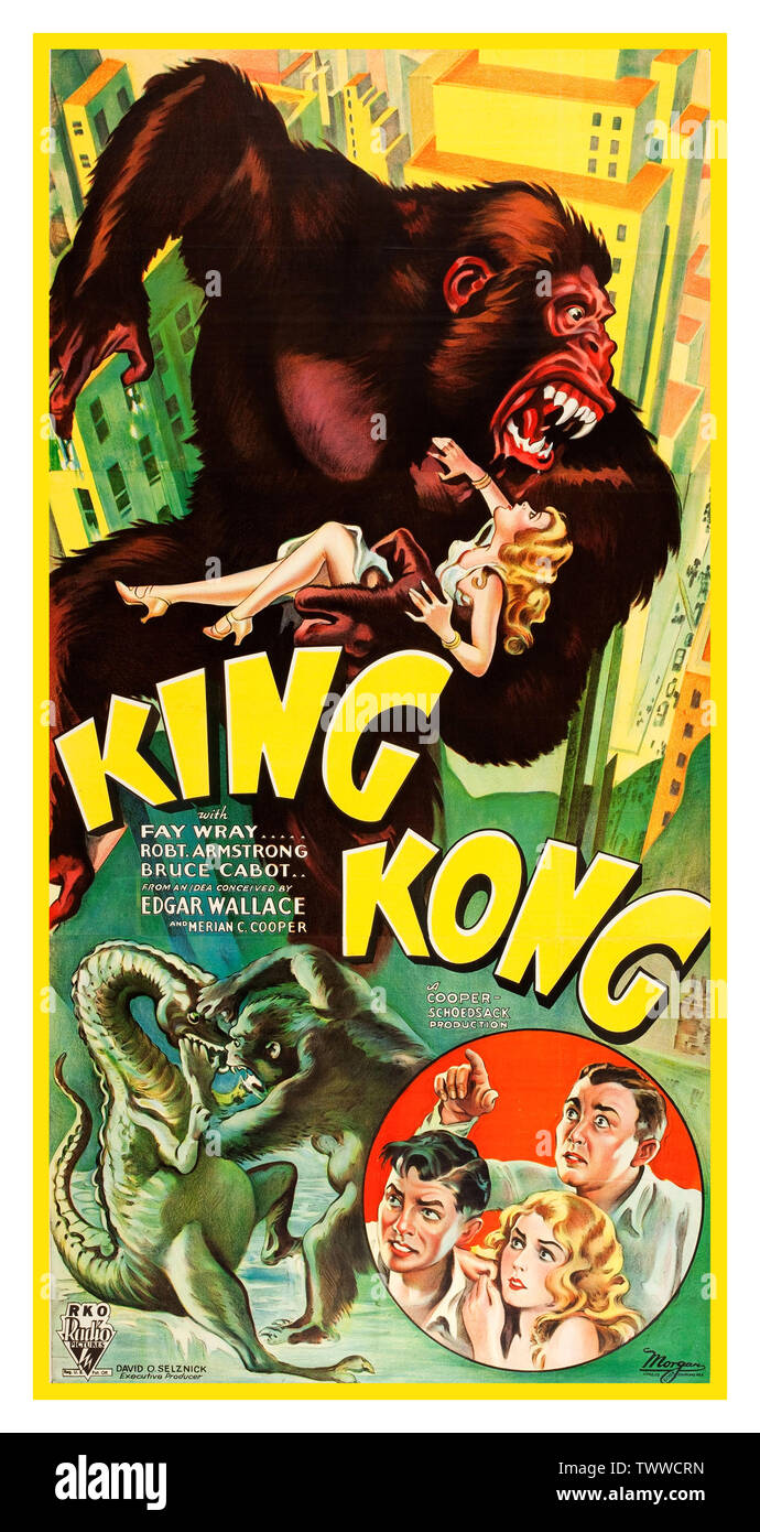 KING KONG Vintage 1930’s Movie Poster for the 1933 film, King Kong starring Fay Wray, Robert Armstrong, Bruce Cabot, concieved by Edgar Wallace. Printed by 'Morgan Litho Co., Cleveland, USA'  Distributed by RKO Radio Pictures. 1933 Stock Photo
