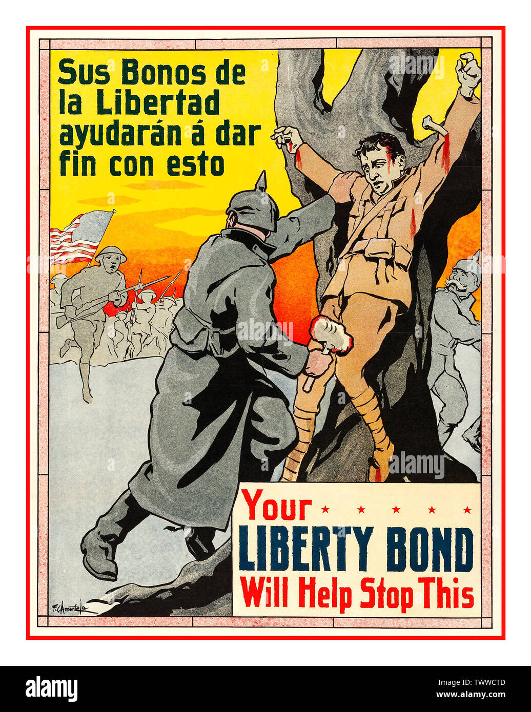 Vintage WW1 1917 US propaganda poster issued in the Philippines depicting one of the most infamous stories from World War 1, the crucifixion of a Canadian soldier at the hands of the German Army - artwork by F.C. Amorsolo 'Sus bonos la libertad ayudar a dar fin con esto' 'your freedom bond will help end this' Stock Photo