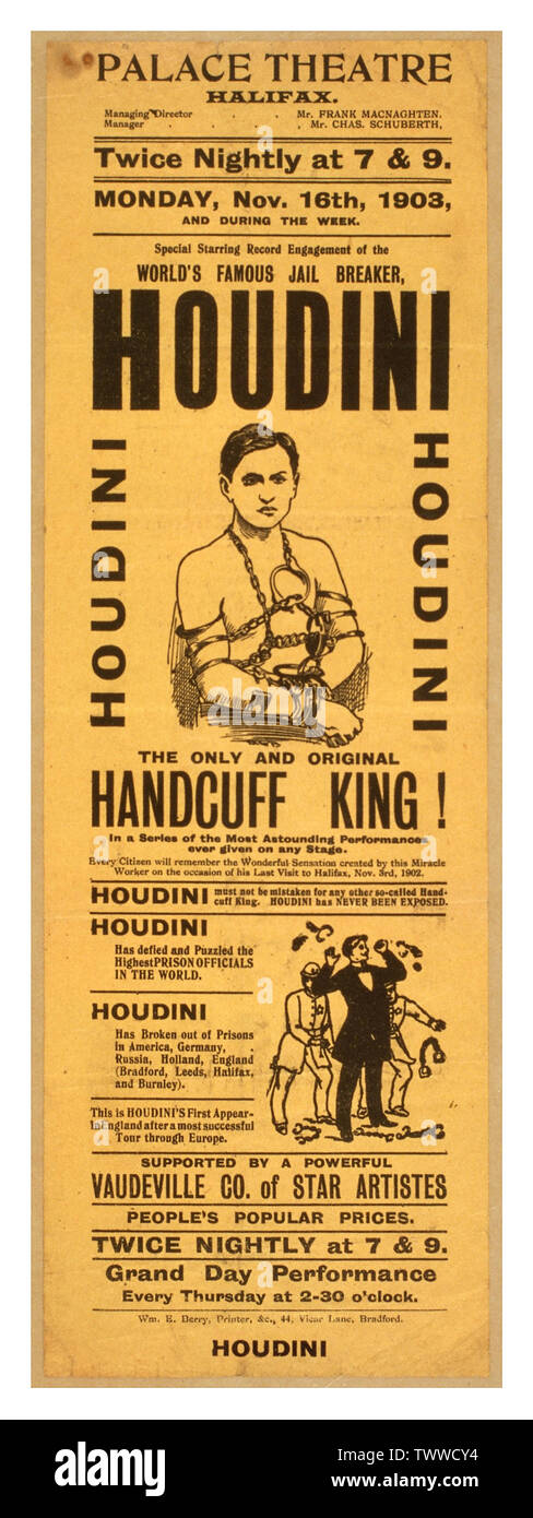 VINTAGE HOUDINI POSTER Palace Theatre Halifax Vintage 1900’s British UK entertainment Poster Special, starring the record engagement of the world's famous jail breaker, Houdini the only and original handcuff king. 1903 Stock Photo