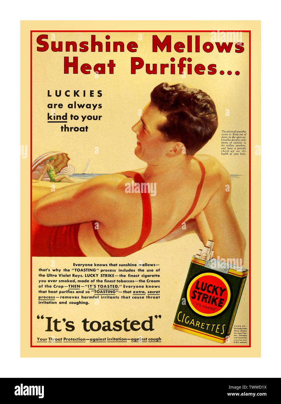 Vintage 1930’s American cigarette advertising extolling the paricular health benefits and virtues of Lucky Strike cigarettes “ Sunshine Mellows Heat Purifies..”  “Its Toasted” 1 April 1931 Stock Photo