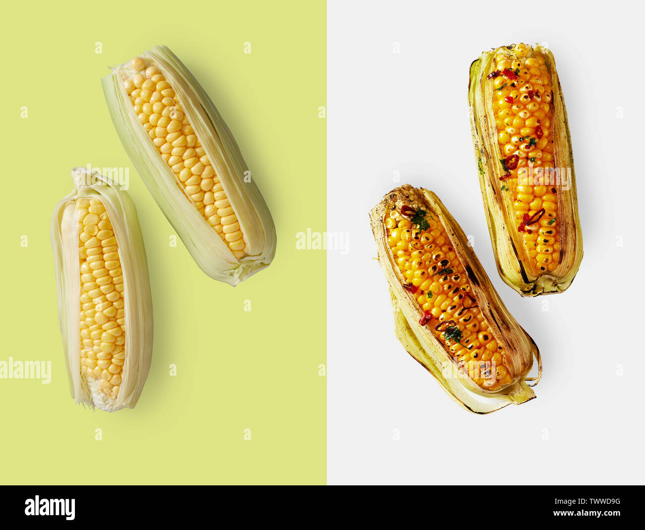 Two ears of fresh raw corn over light green backdrop next to burnt corn over plain light blue background Stock Photo