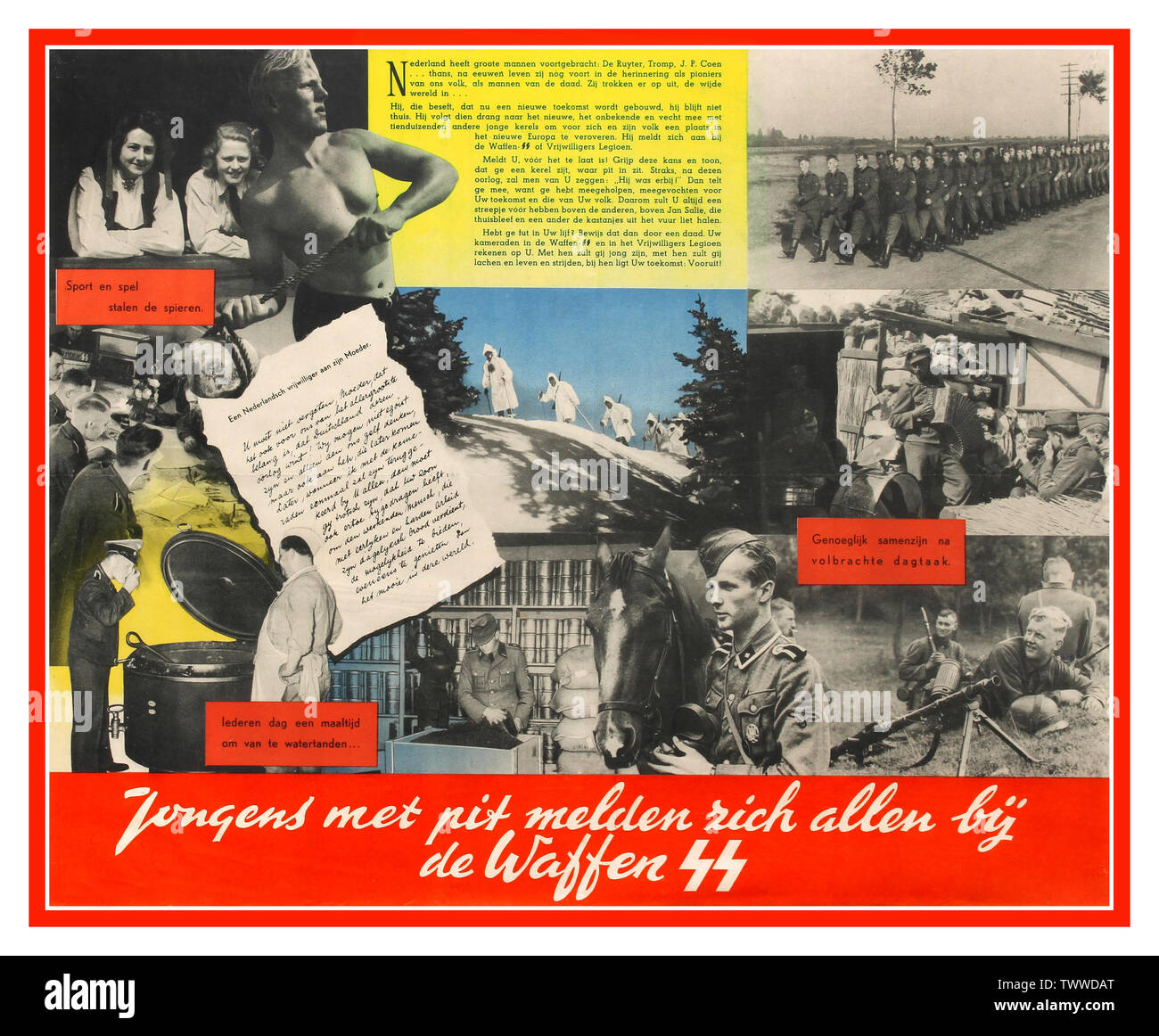 Vintage 1943 WWII Nazi Germany propaganda poster in German occupied Holland approved by the 'Reichskommissar' to be displayed to the Dutch population. 'Youth with courage come join the Waffen SS' Poster depicts different appealing scenes from the life in the Waffen-SS and was intended to attract Dutch volunteers to join the German army. The Waffen-SS was the WW2 armed uncompromising brutal wing of the Nazi Party's SS organisation Second World War World War II WW2 Stock Photo