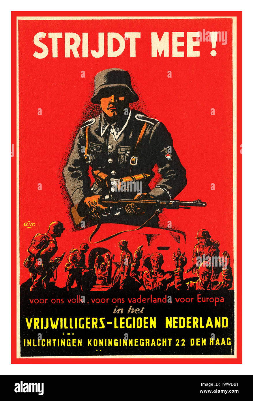 JOIN ME ! STRIJDT MEE ! Vintage WW2 Nazi Dutch Nederlands Propaganda SS / Netherlands Volunteer Legion Recruitment Poster, prominent image of SS soldier asking to 'Join Me' for good of the people, country and Europe World War II Nazi Recruitment Nederlands Holland Second World War World War II Stock Photo