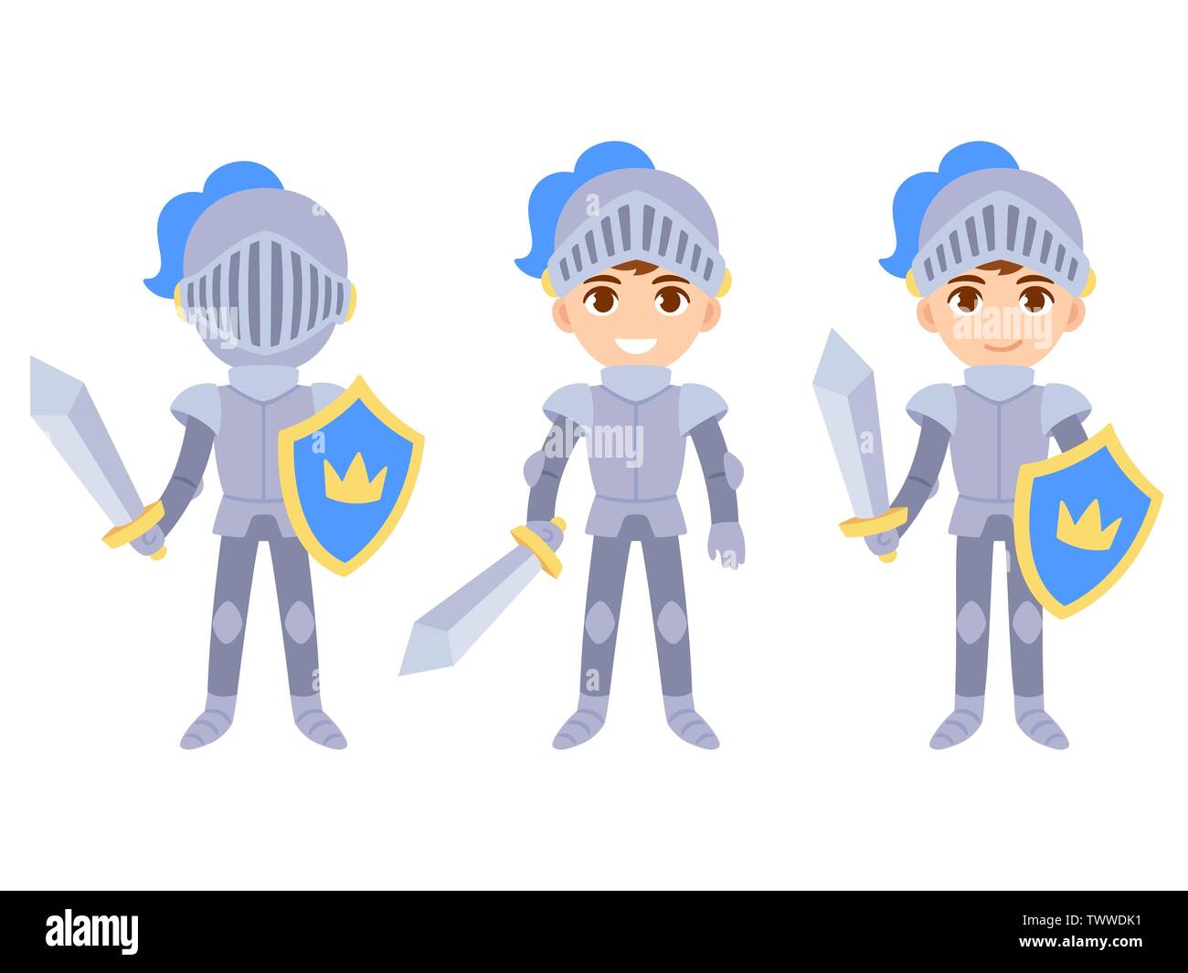 Cute cartoon boy in medieval knight costume. Kid in body armor with sword and shield. Isolated vector clip art illustration set. Stock Vector
