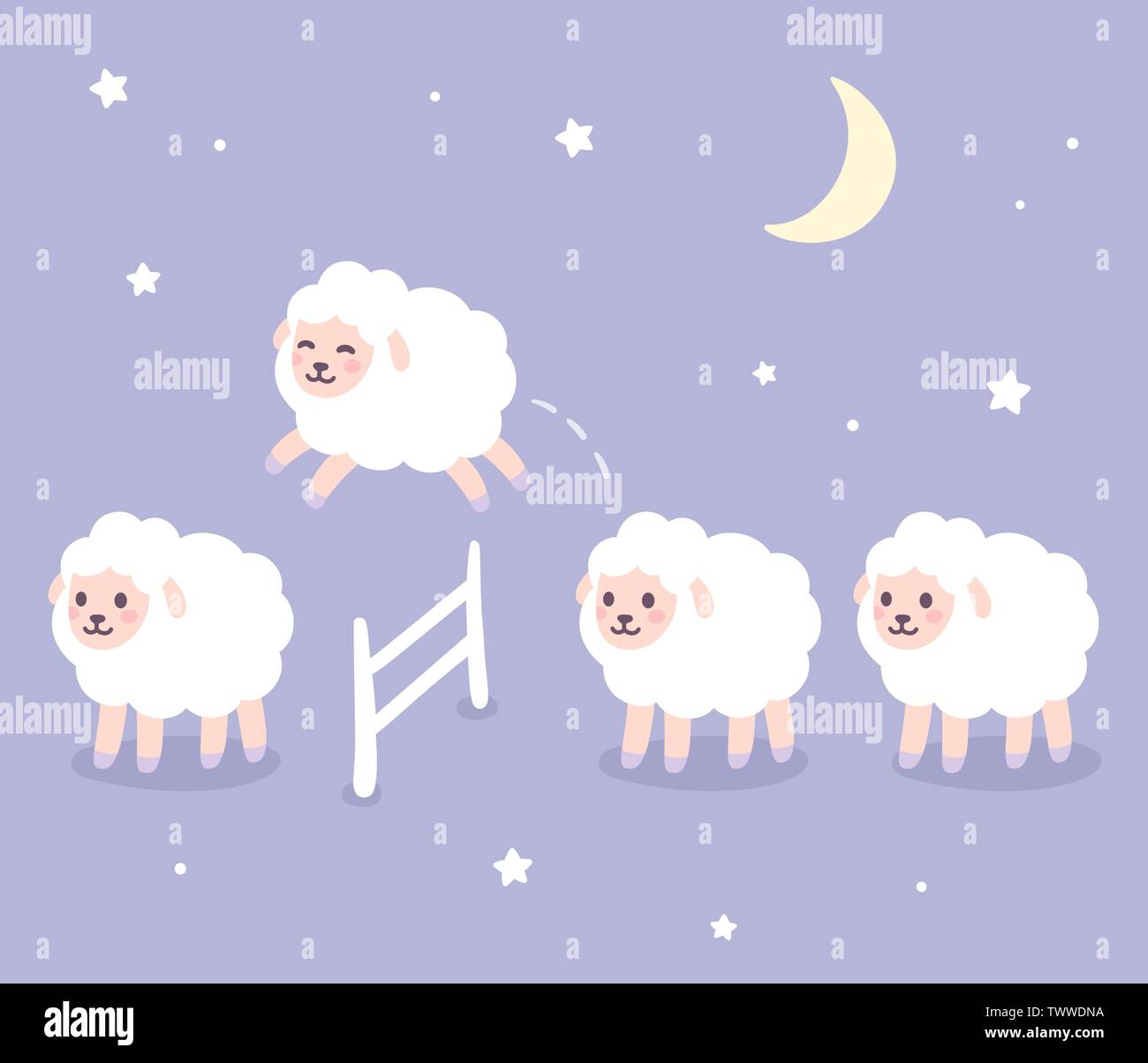 Cute cartoon sheep jumping over fence, good night drawing. Counting sheep for insomnia. Night sky with stars and moon. Hand drawn vector clip art illu Stock Vector