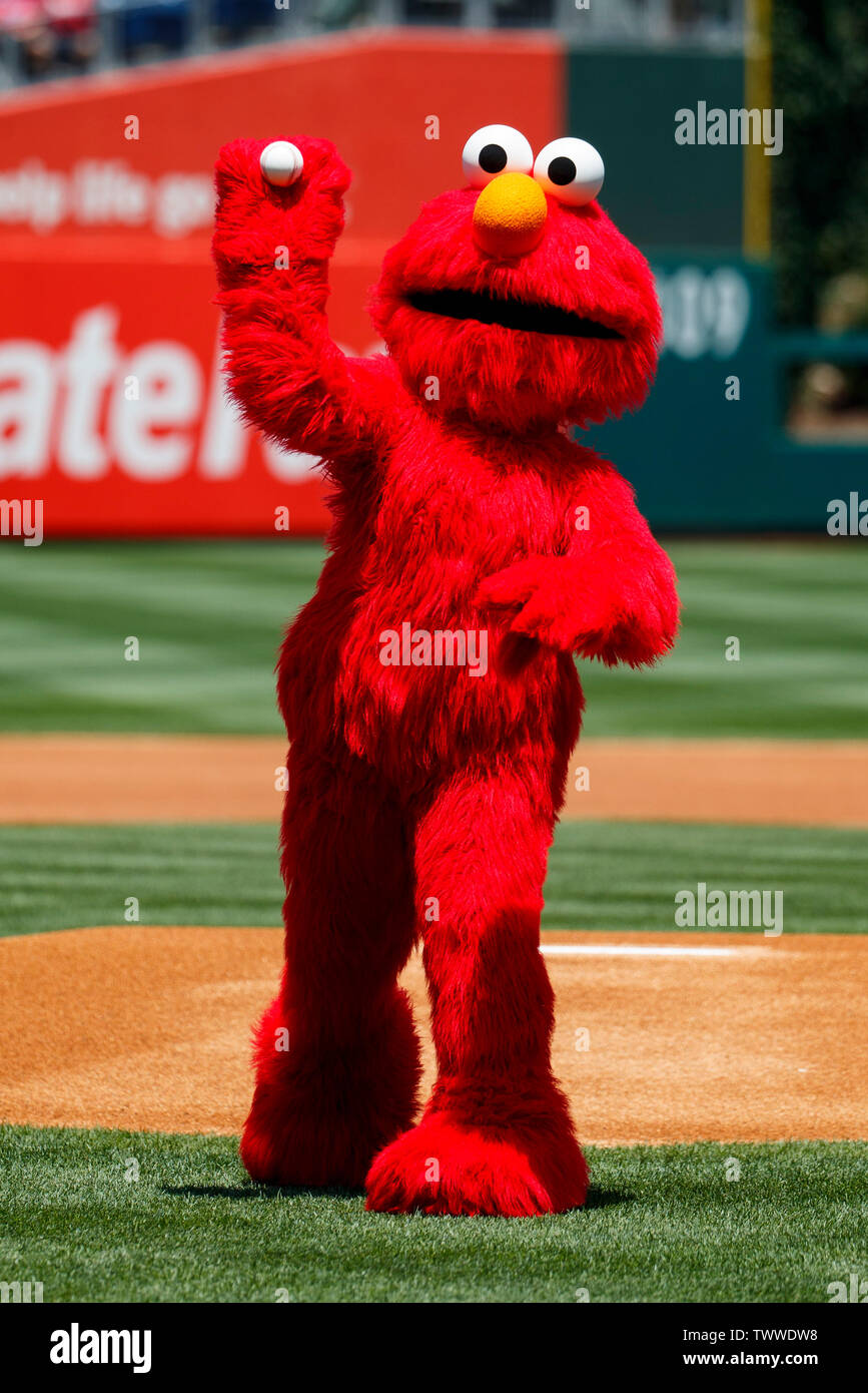 Philadelphia, Pennsylvania, USA. 23rd June, 2019. Elmo from Sesame Street  throws out the first pitch prior to the MLB game between the Miami Marlins  and Philadelphia Phillies at Citizens Bank Park in