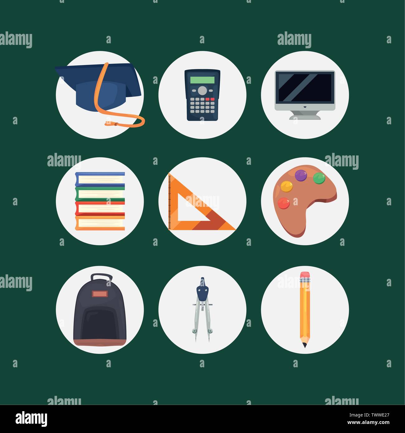 back to school supplies computer book pencil hat ruler bag icons vector ...