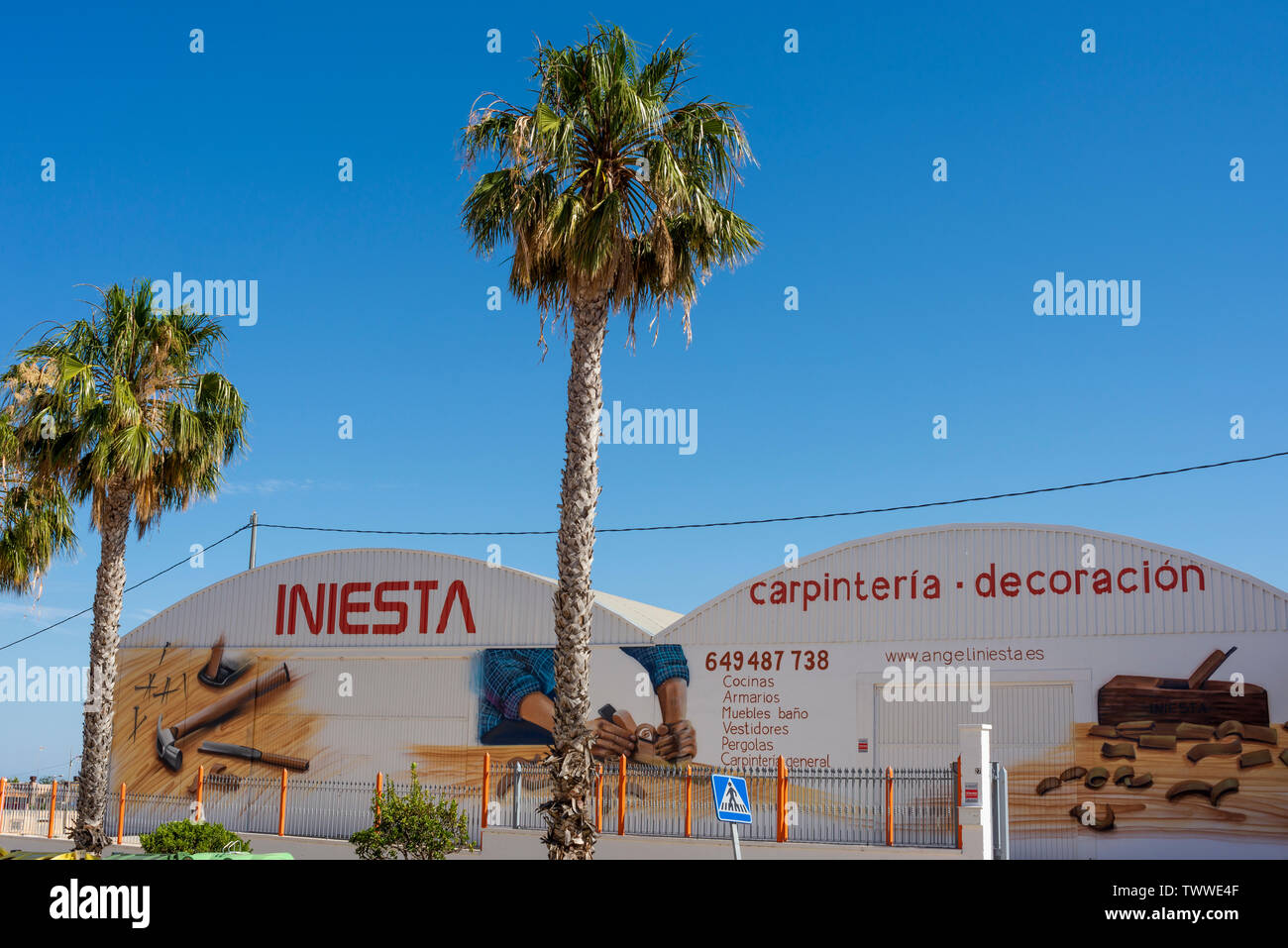 Iniesta Carpinteria, Decoracion store in Sucina, Murcia, Spain, Europe. INIESTA CARPINTERÍA Y DECORACIÓN business. Woodwork, furniture, carpentry Stock Photo
