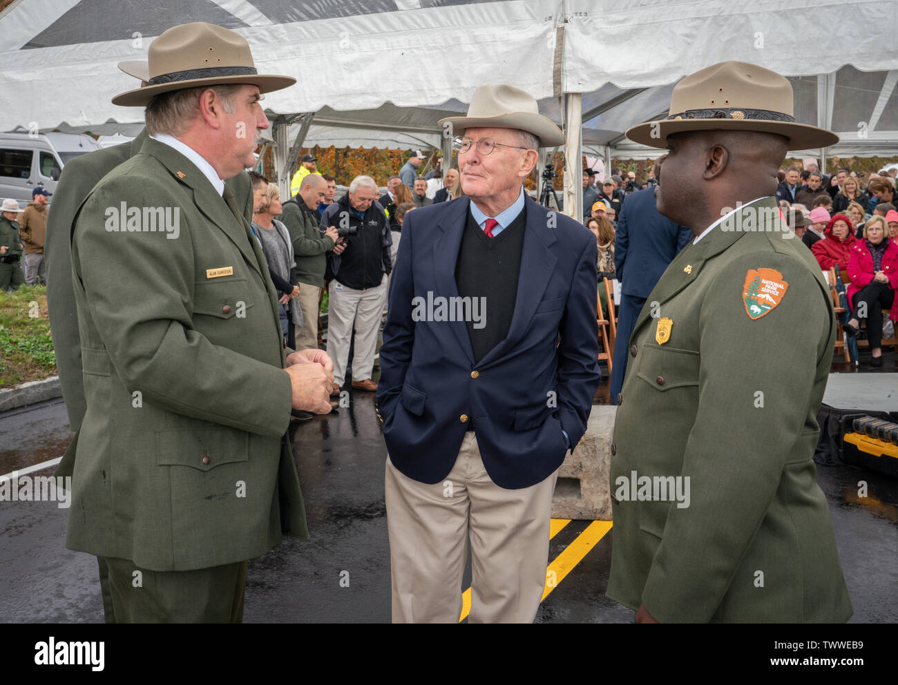Senator Lamar Alexander talks with members of the National Park Service at the dedication of the Foothills Parkway in the Great Smoky Mountains. Stock Photo