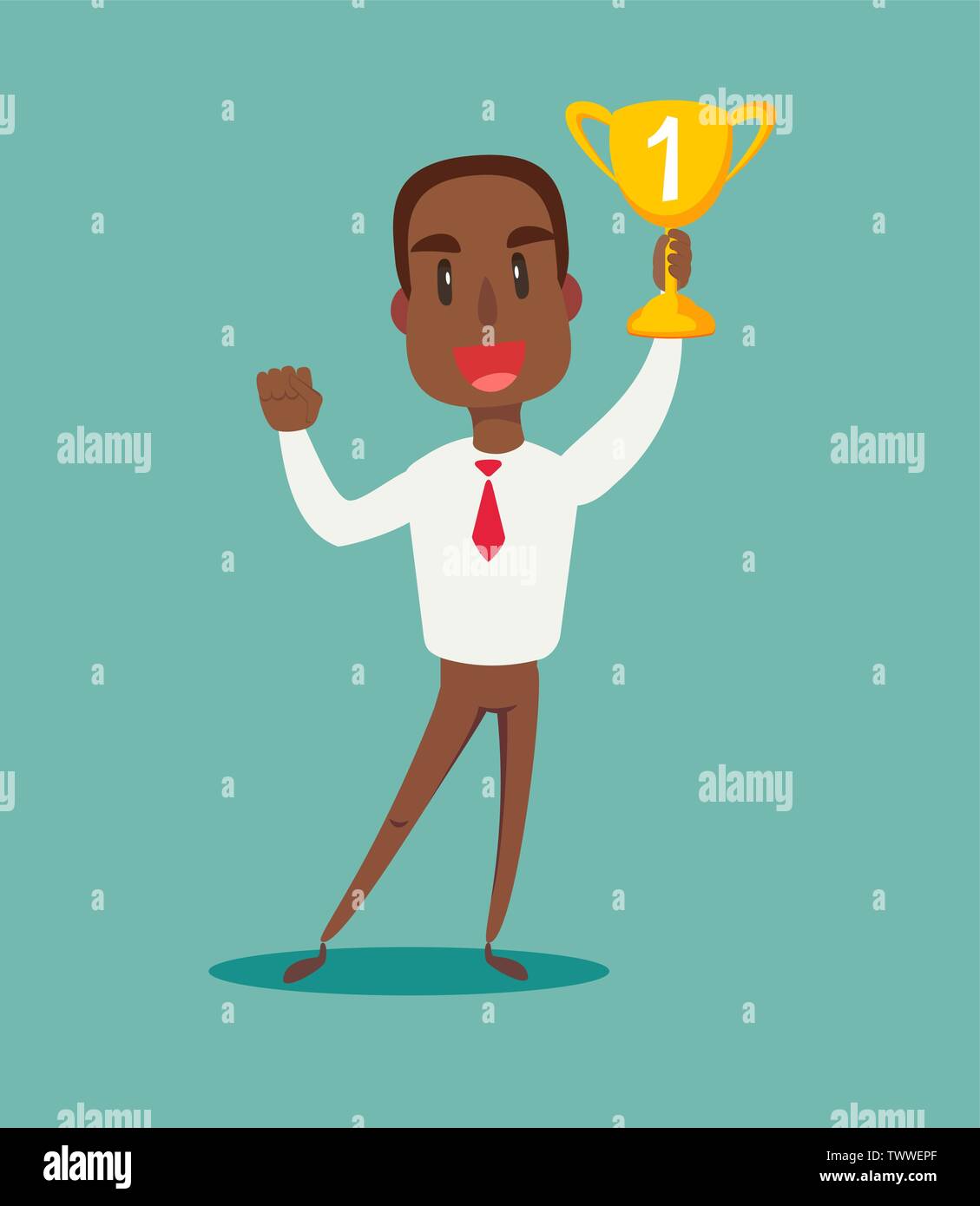 illustration of a happy black african american businessman holding a trophy Stock Vector