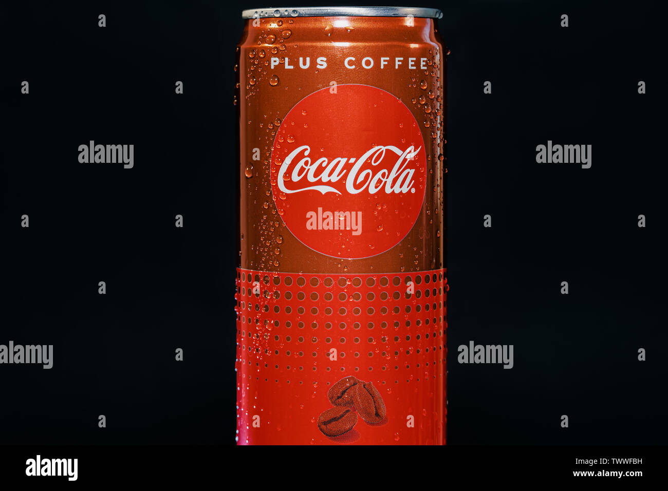 Coca Cola Plus Coffee can. 330 ml can with water droplets on black background of new soft drink without sugar but with more caffeine than Coke Classic Stock Photo