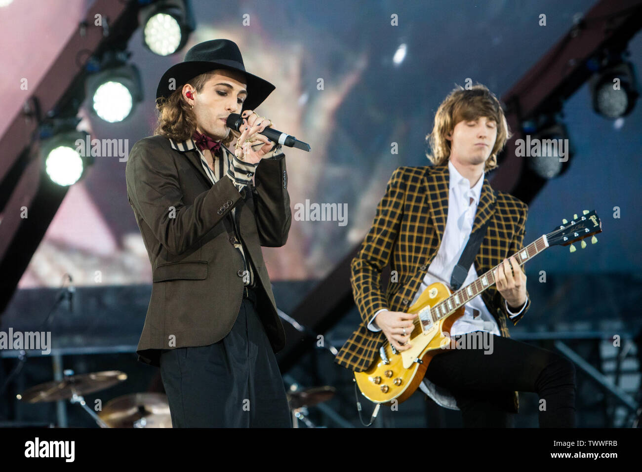 Damiano David, Thomas Raggi from Maneskin in concert at Party Like a Deejay - Radio Deejay party at Mind in Milano, Italy, on June 22 2019 Stock Photo