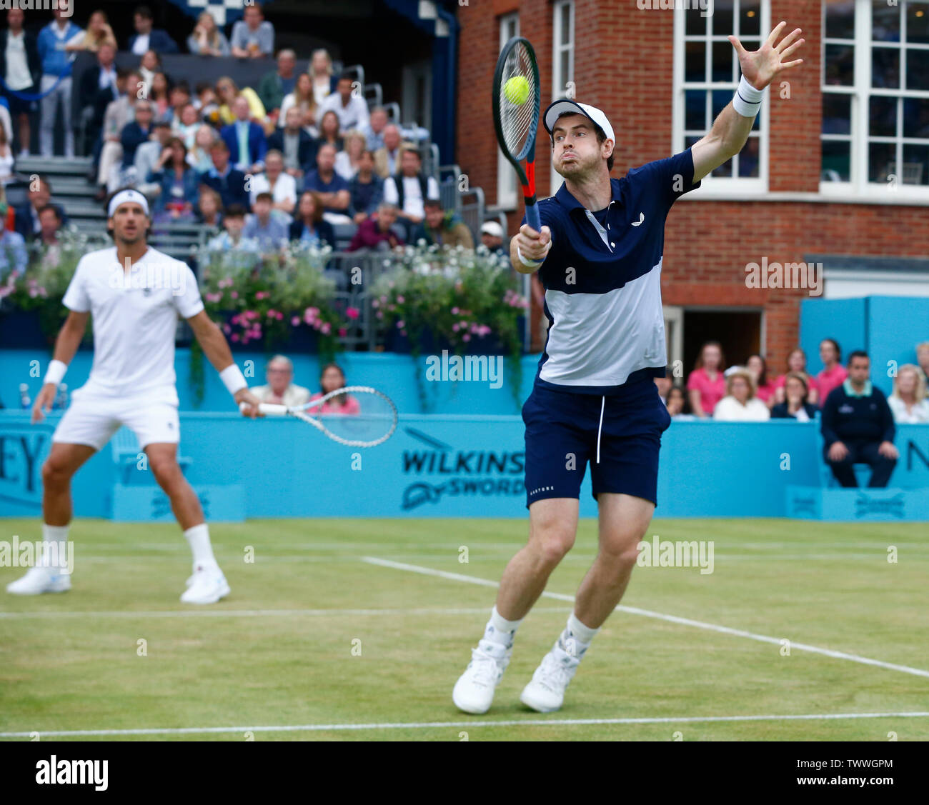 London, UK. 23rd June, 2019. LONDON, ENGLAND - JUNE 23: Andy Murray (GBR) & Feliciano Lopez against Rajeev Ram & Joe Salisbury during Final Day 7 of the Fever-Tree Championships at Queens Club on June 23, 2019 in London, United Kingdom. Credit: Action Foto Sport/Alamy Live News Stock Photo