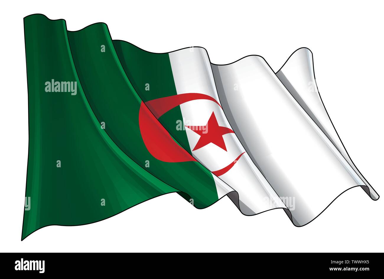 Vector illustration of a Waving Flag of Algeria. All elements neatly on well-defined layers and groups. Stock Vector