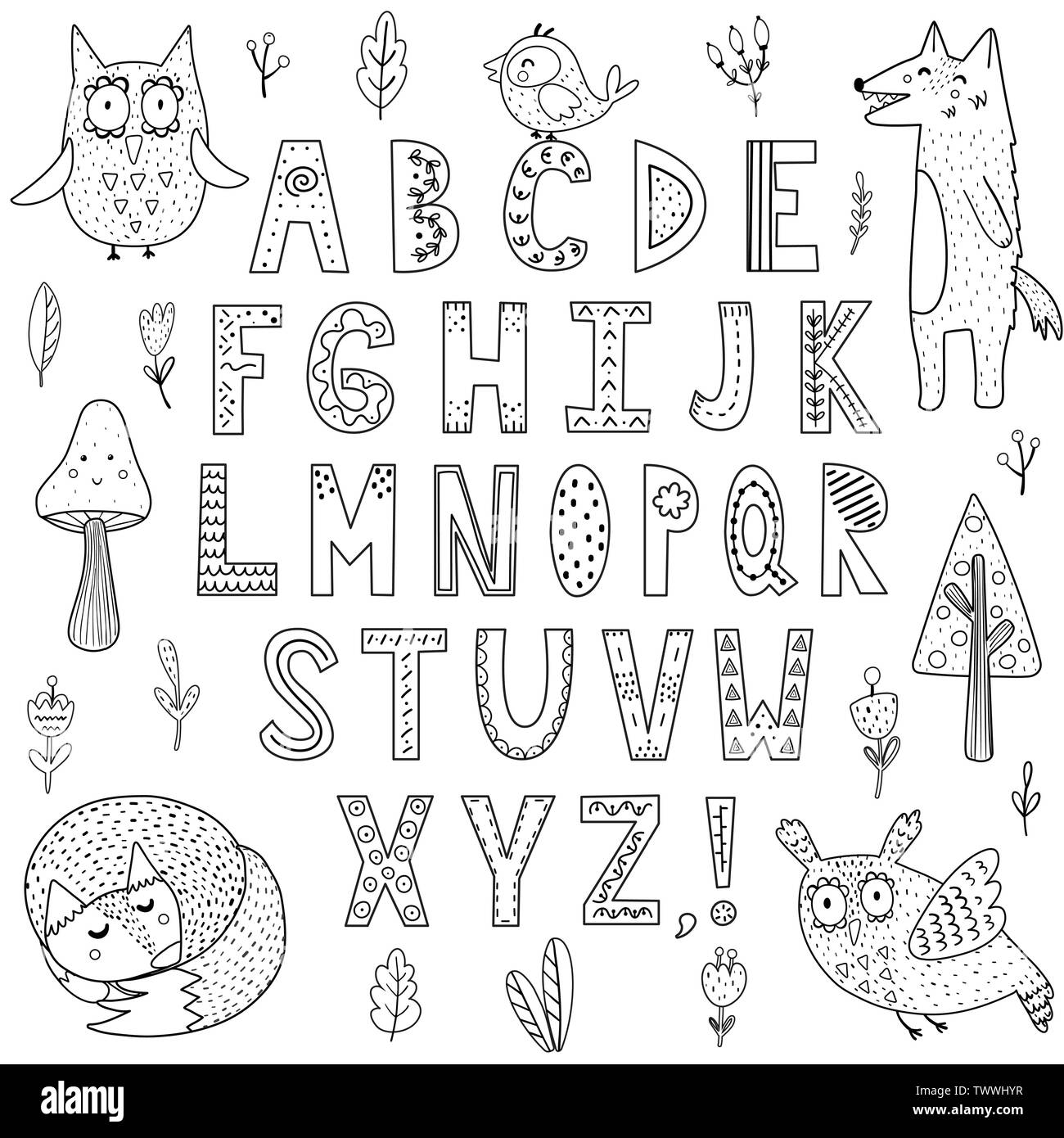 Black and white alphabet with forest animals. Great for coloring page,  posters and children design. Vector illustration Stock Vector Image & Art -  Alamy