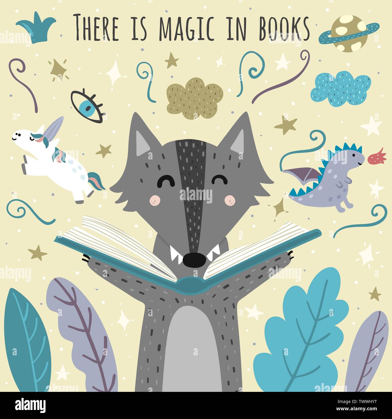 There is magic in books awesome card with cute wolf. Fantasy creatures flying out of an open book. Vector illustration Stock Vector
