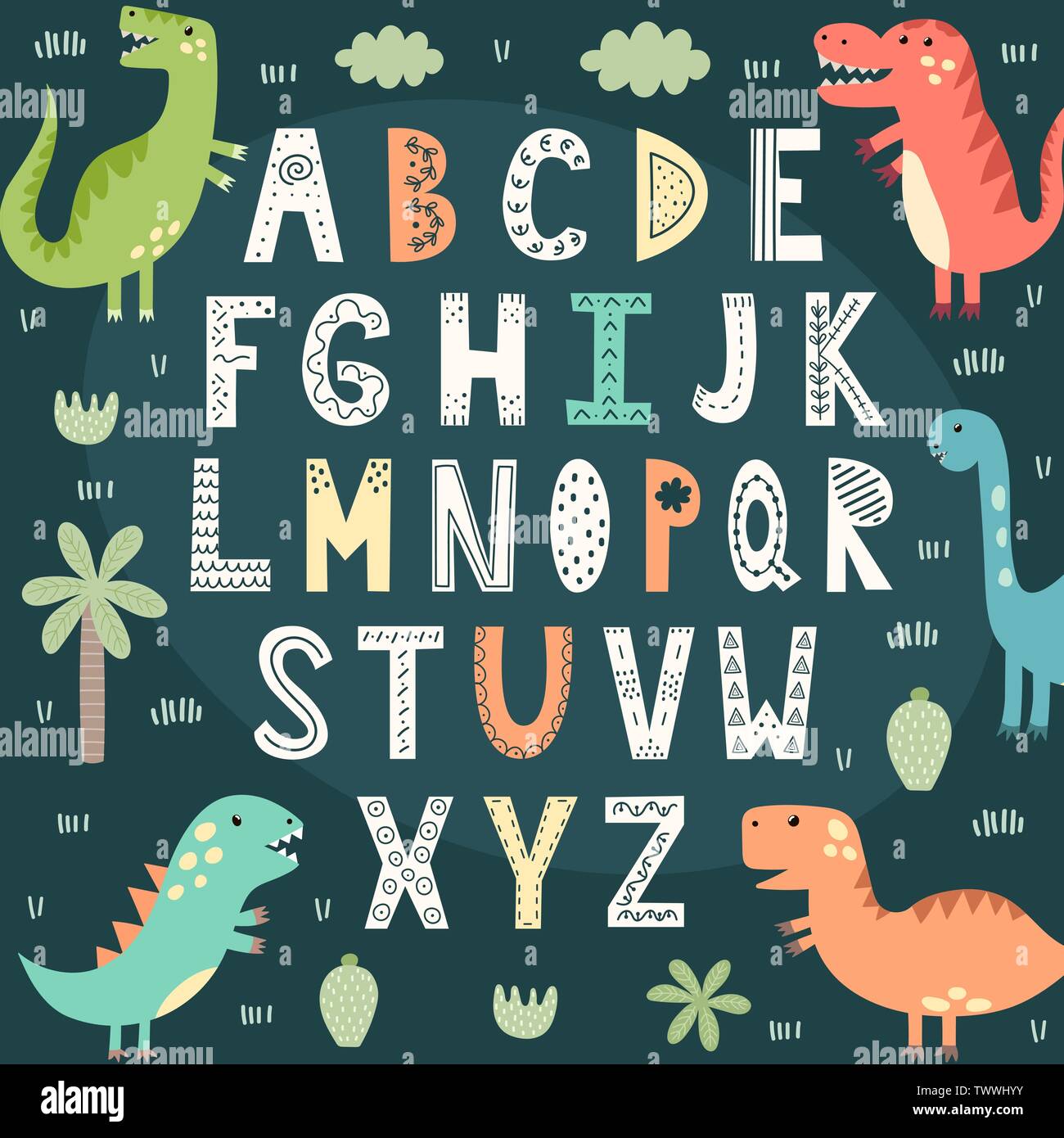 Funny alphabet with cute dinosaurs. Educational poster for children. Vector illustration Stock Vector