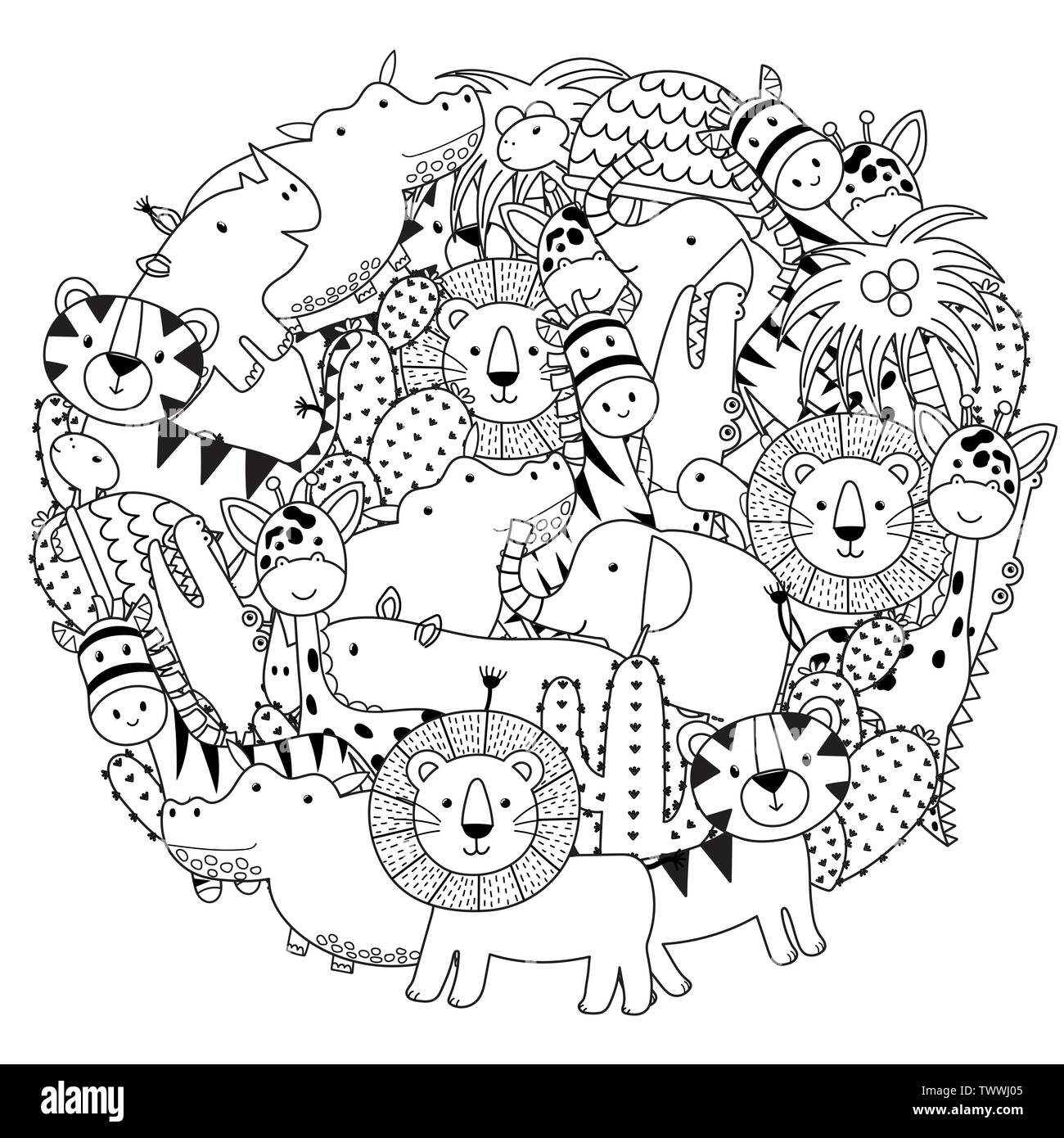 Circle shape coloring page with funny safari animals. Black and white print. Vector illustration Stock Vector