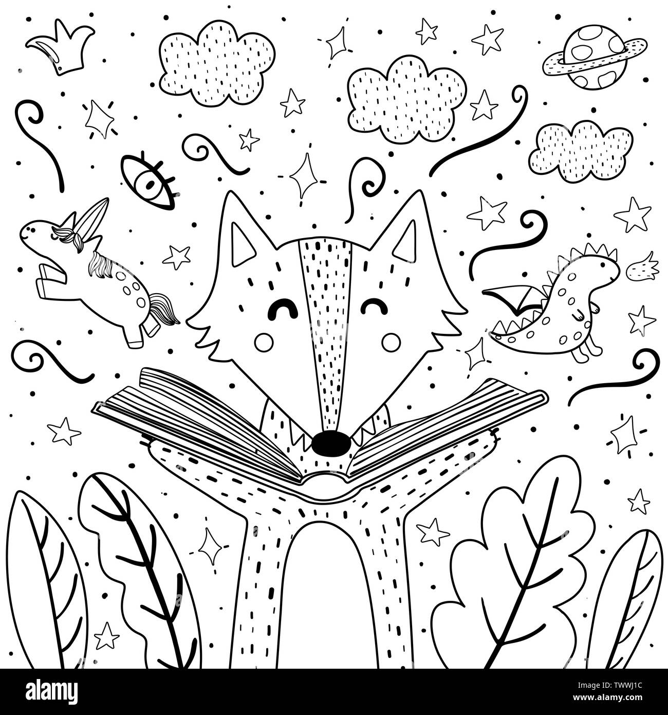 Magic in the books coloring page with cute wolf. Black and white background for adults and children. Vector illustration Stock Vector