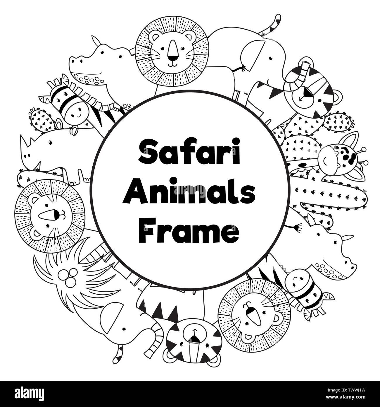 Safari animals black and white circle frame. Vector illustration Stock Vector