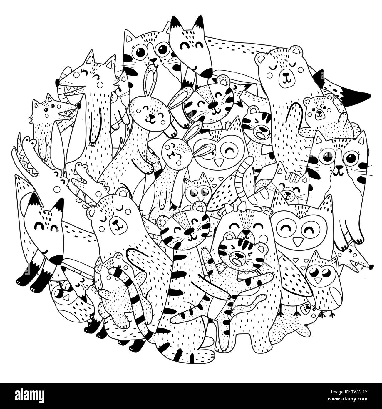 Circle coloring page with mothers and their babies animals. Vector ...