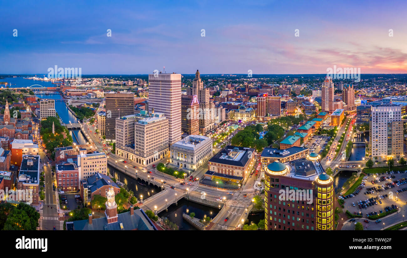 Aerial panorama of Providence skyline at dusk. Providence is the capital city of the U.S. state of Rhode Island. Founded in 1636 is one of the oldest Stock Photo