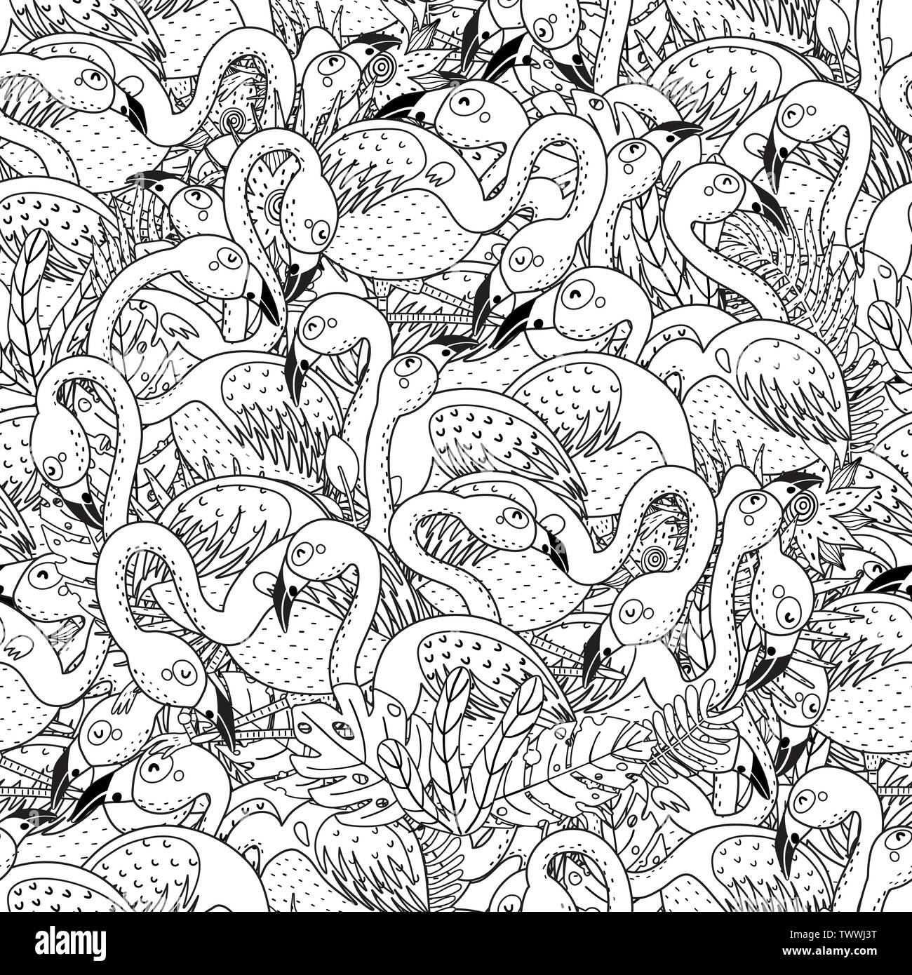 Black and white flamingos seamless pattern. Coloring page for adults and children. Vector illustration Stock Vector