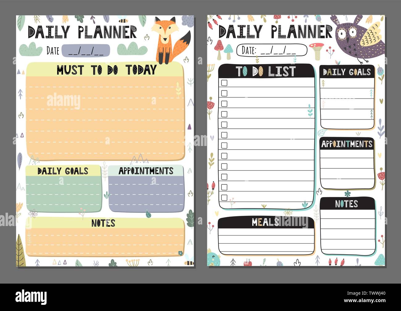 Daily planners collection. To do list set with a cute owl and fox. Vector illustration Stock Vector