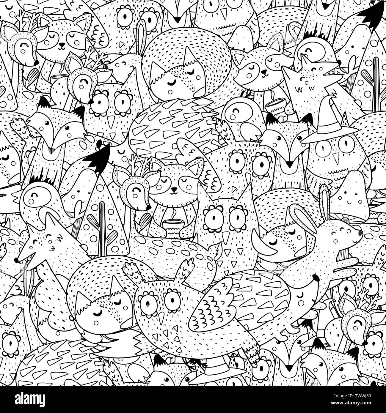 Fantasy forest animals black and white seamless pattern. Great for  coloring page, prints, backgrounds, textile and fabric. Vector illustration Stock Vector