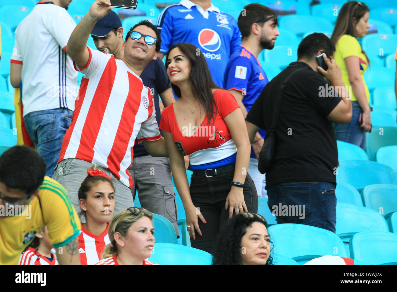 Salvador, Brazil. 23rd June, 2019. Larissa Riquelme is a fan of Paraguay fans during a match between Colombia and Paraguay, valid for the group stage of the 2019 Copa America, held this Sunday (23rd) at the Fonte Nova Arena in Salvador, BA. Credit: Mauro Akiin Nassor/FotoArena/Alamy Live News Stock Photo