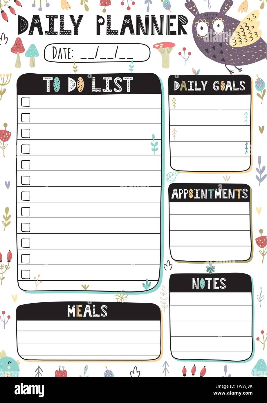 Daily planner with cute owl. Printable template in A4 format with to do list,  daily goals appointments, meals and notes sections. Vector illustration  Stock Vector Image & Art - Alamy