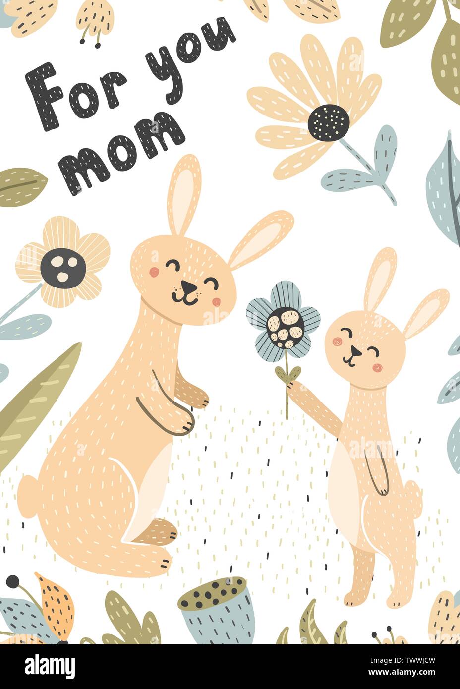 Cute baby bunny gives his mom a flower card. Mother and baby vector ...