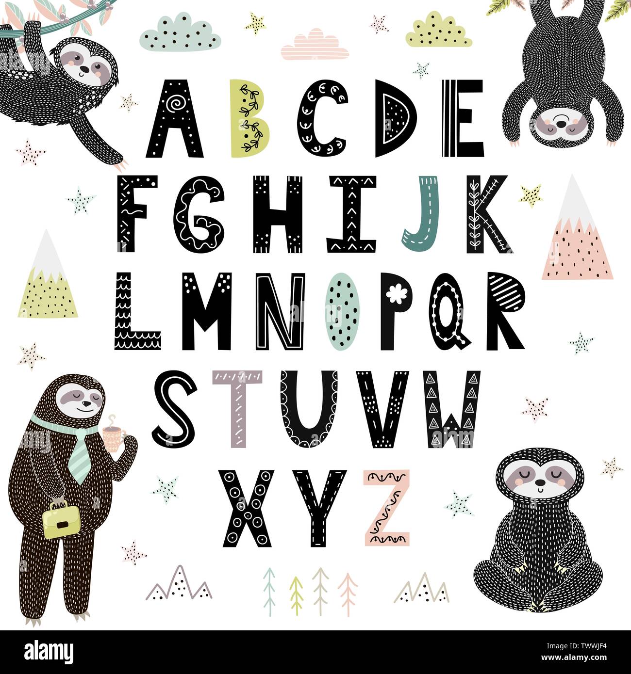 Funny alphabet with cute sloths. Abc for children. Vector illustration Stock Vector