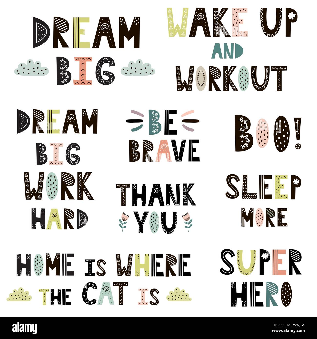 Hand drawn quotes in Scandinavian style set. Cute premade lettering ...
