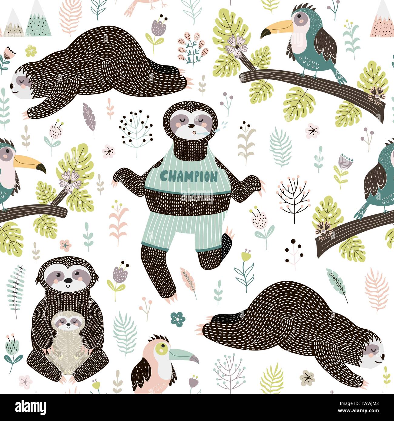 Tropical seamless pattern with sloths and bird sitting on the branch. Vector illustration Stock Vector