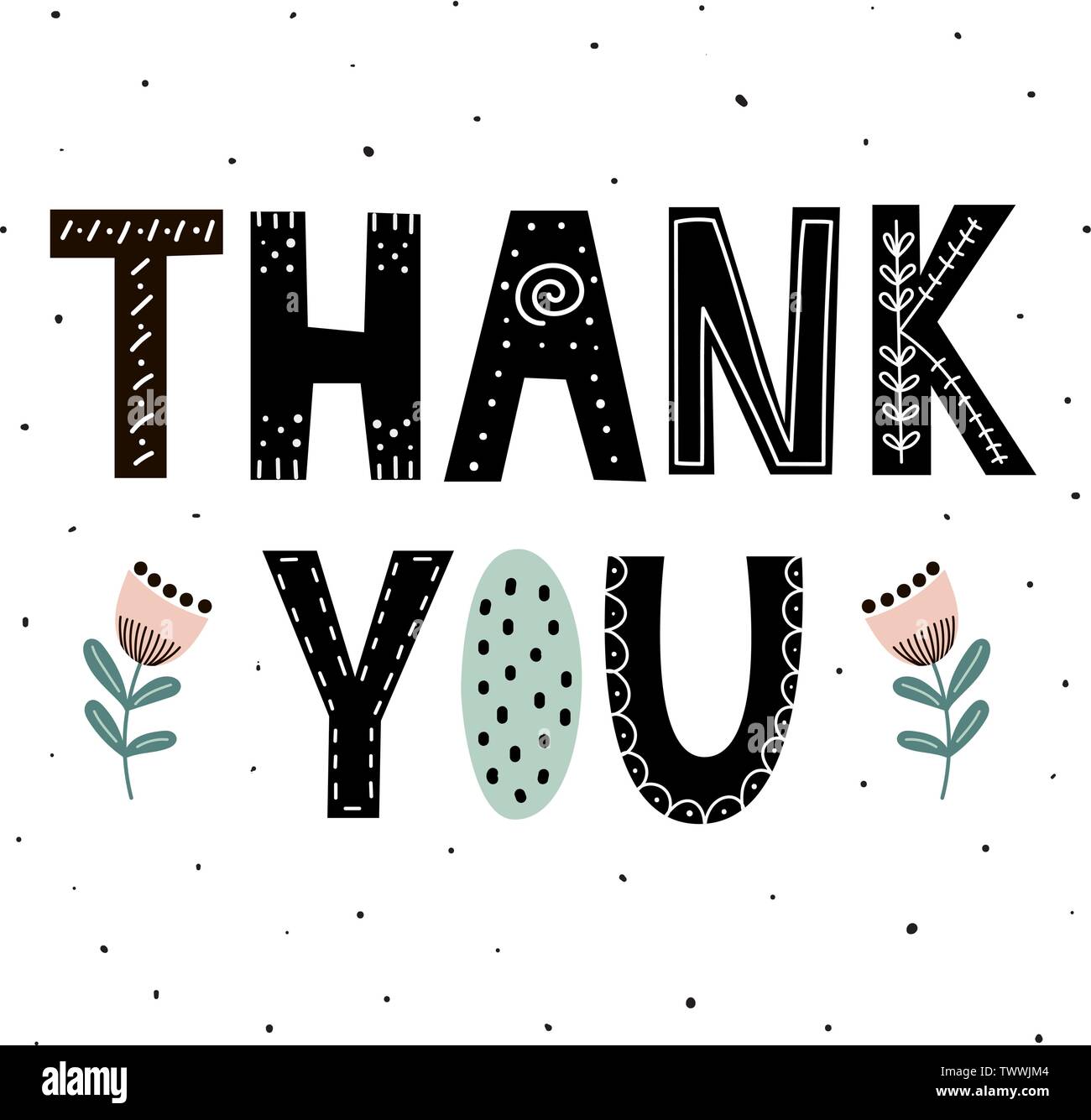 Thank you cute hand drawn lettering with flowers for print design. Vector illustration Stock Vector