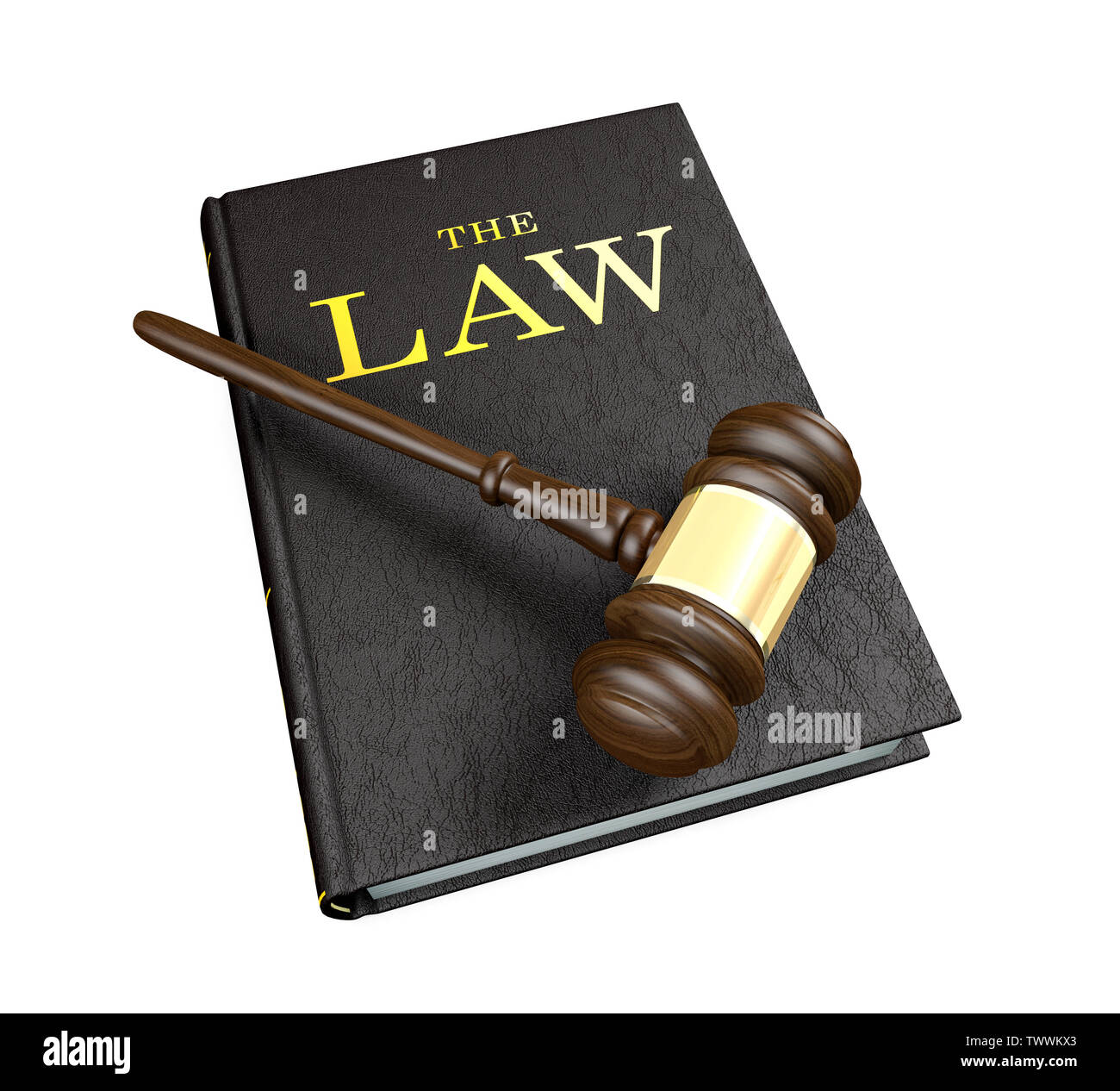 Wooden judge's gavel on law book on white background, 3D Rendering Stock Photo