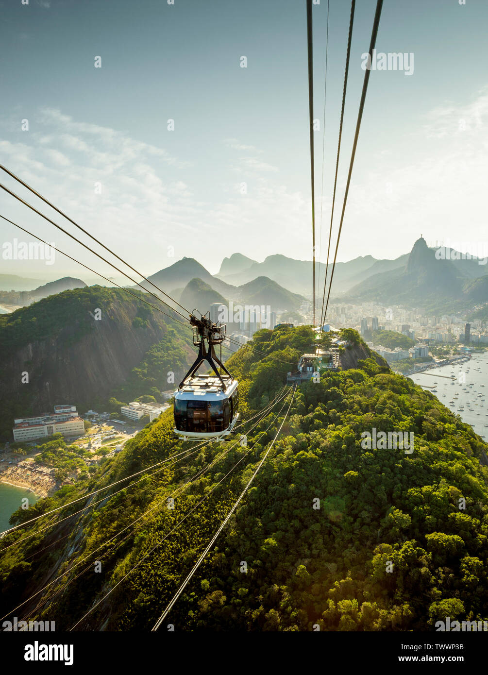 Cable car going to Sugarloaf mountain in Rio de Janeiro, Brazil Stock Photo