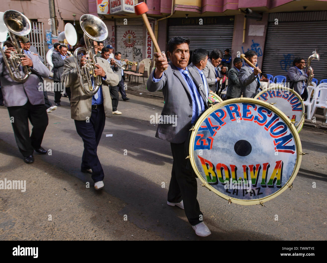 Marching band member at the Gran Poder Festival, La Paz, Bolivia Stock Photo