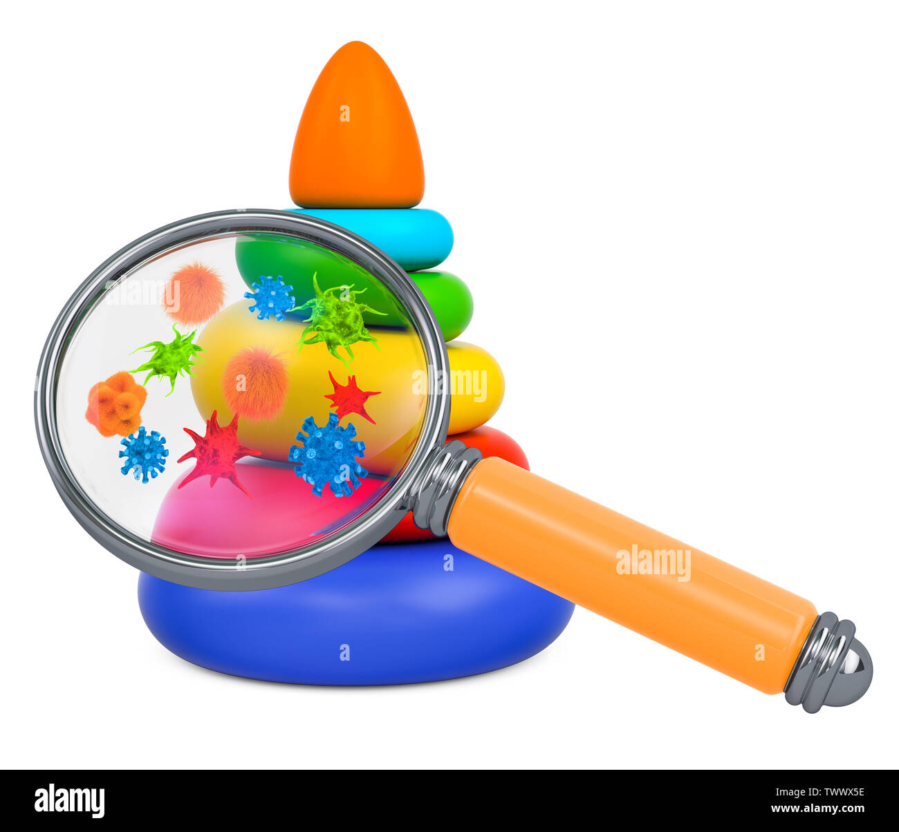 Pyramid toy with germs and bacterias under magnifying glass. 3D rendering Stock Photo